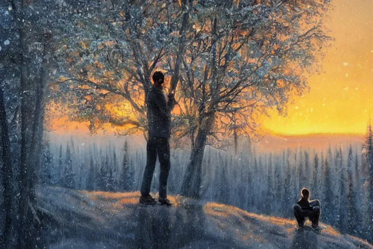 Image similar to ryan church jon mccoy concept art mood painting man sitting in tree winter watching beautiful december sunrise detailed forest