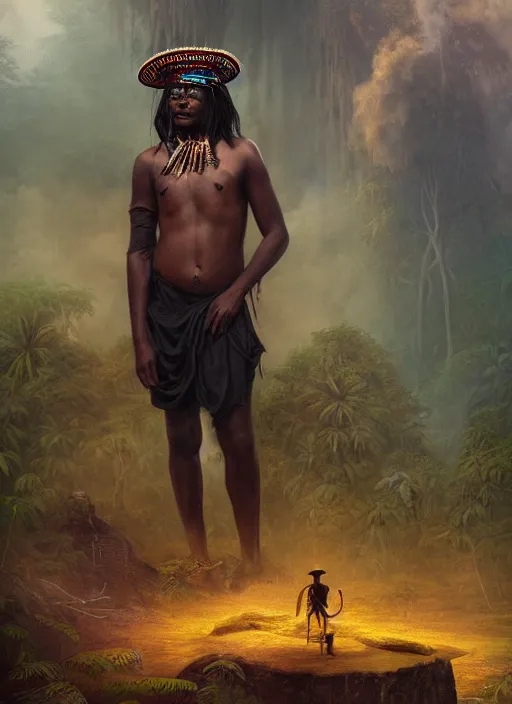 Prompt: a beautiful portrait of an indigenous man with black skin with a large hat in the jungle, surrounded by smoke, mysterious atmosphere, fantasy art, matte painting, highly detailed