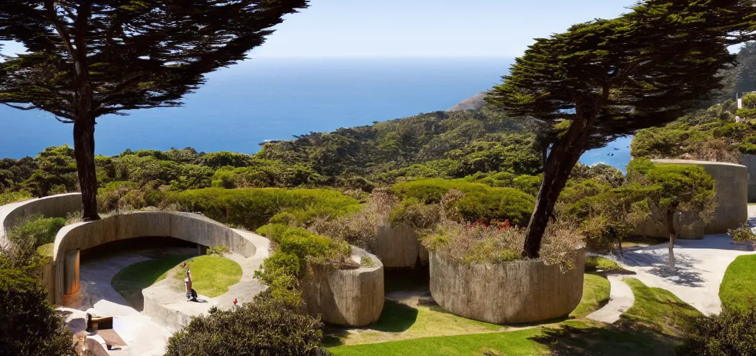 Prompt: castle designed by renzo piano overlooking big sur. landscape design by roberto burle marx.