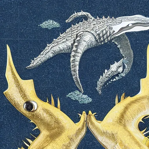 Image similar to whale in gold and silver armor fighting in the depths against godzilla, who has six arms and 5 0 legs