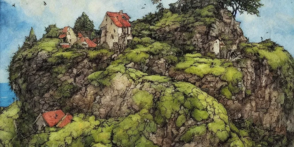 Image similar to Beautiful artwork chilling house in the edge of a cliff detailed painting vegetation trees nature people High Quality by Anton Pieck