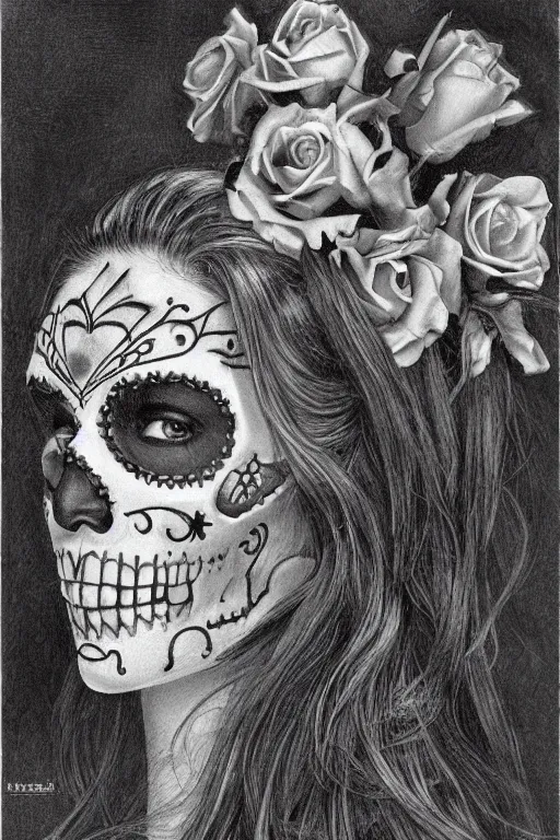 Prompt: Illustration of a sugar skull day of the dead girl, art by Ted Nasmith