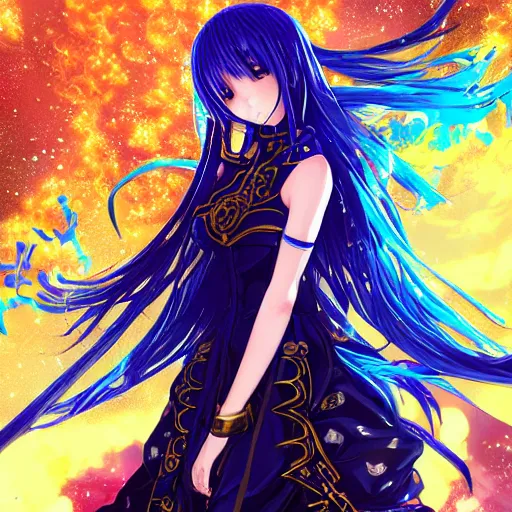 Image similar to a teenage anime girl wearing a very high intricate detailed dress made out of blue fire , full body, very long black/red hair, one yellow and one blue eye, intense stare, cinematic lighting, medium shot, MCU, trending on artstation, CSP, Photoshop, WLOP, Rossdraws, James Jean, Andrei Riabovitchev, Marc Simonetti, Anastasia Ovchinnikova, Véronique Meignaud, BEN MAIER and Sakimichan