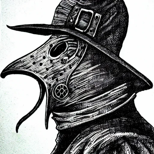 Image similar to plague doctor, detailed, pen and ink, stippling