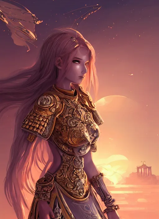 Image similar to portrait knights of zodiac girl, golden and copper shining armor, in ruined agora of athens sunrise, ssci - fi and fantasy, intricate and very very beautiful and elegant, highly detailed, digital painting, artstation, concept art, smooth and sharp focus, illustration, art by tian zi and ilya kuvshinov and wlop and z - - ed