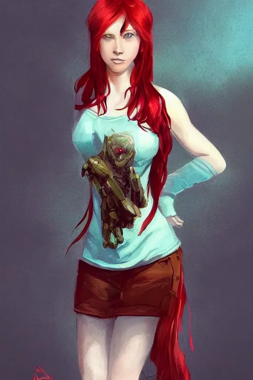 Prompt: beautiful cute red haired joyful and playful nineteen year old maiden standing up in casual green clothing, long hair, attractive face, modern city, comic book, rpg character, sci - fi, intricate, elegant, digital painting, artstation, concept art, smooth, 8 k frostbite 3 engine, ultra detailed, art by artgerm, greg rutkowski, magali villeneuve