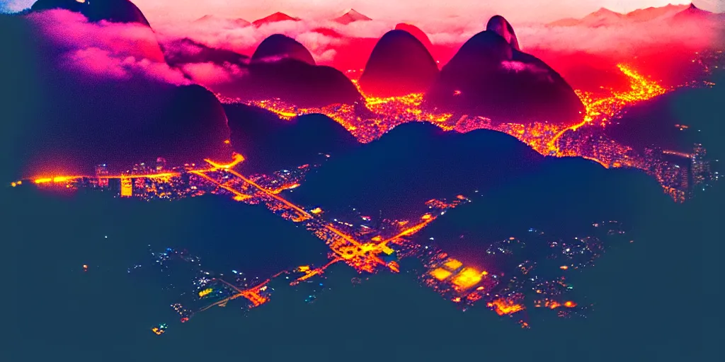 Prompt: pao de acucar in rio de janeiro brazil, trending on artstation, aerial photo, digital art, distant mountain, retrowave style, fog, city at night, low dof