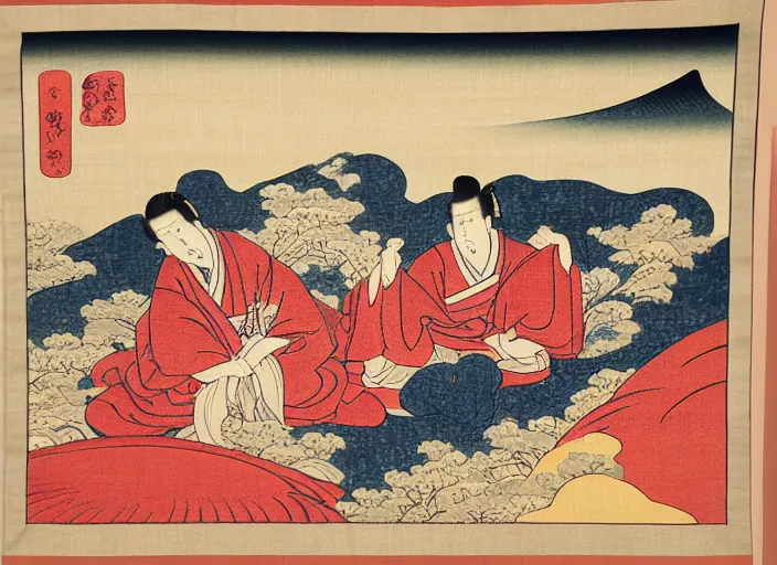 Image similar to Ukiyo-e style tapestry, Japanese, Persian carpet