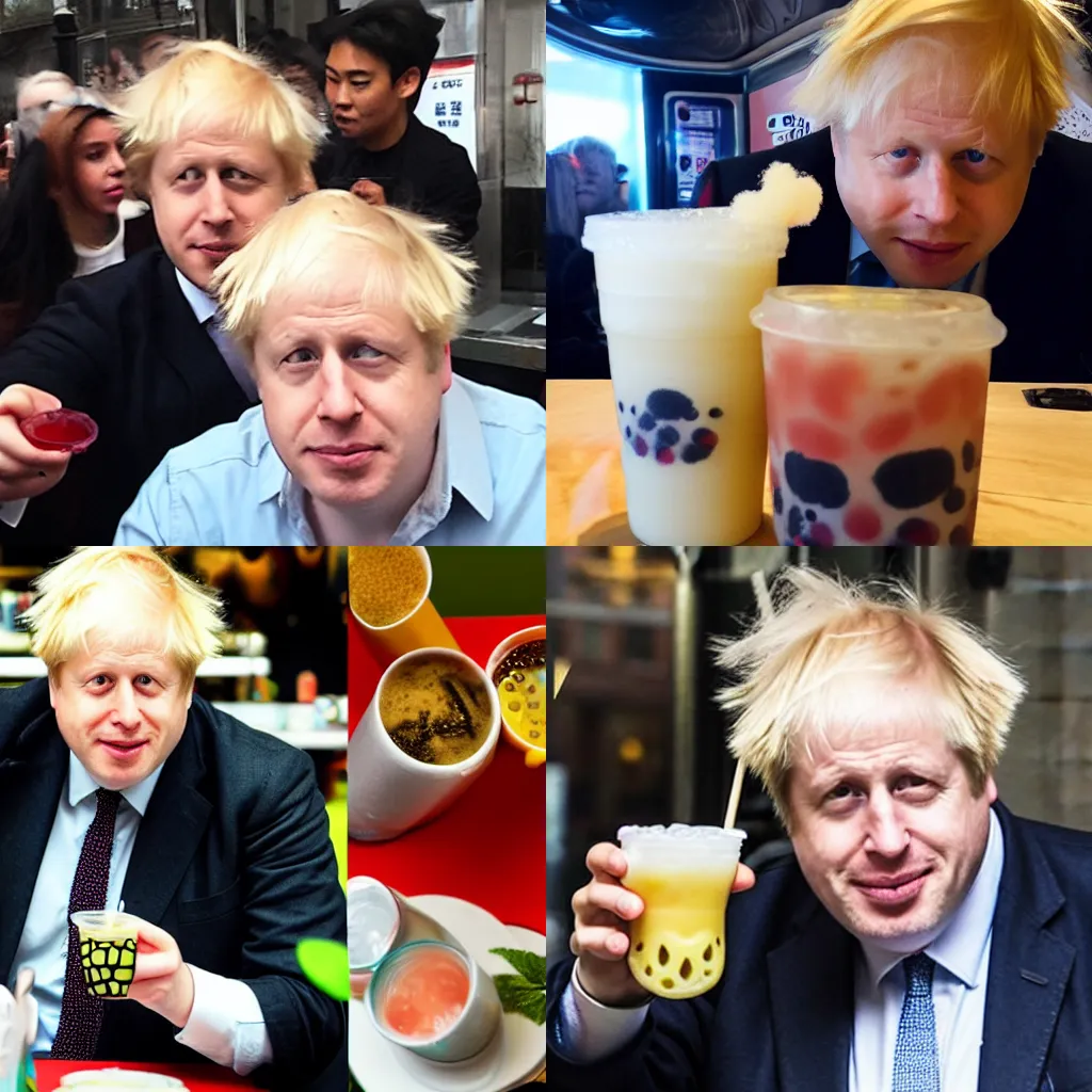 Prompt: boris johnson drinking boba tea, bubble tea, selfie