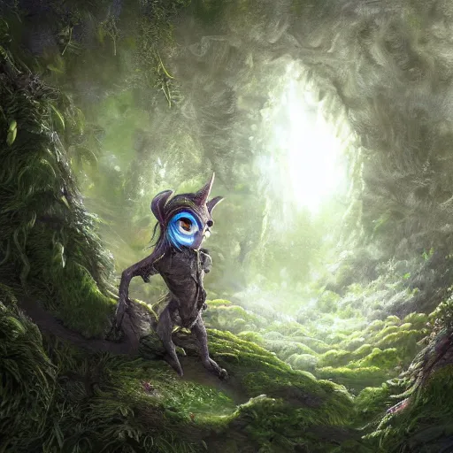 Image similar to a highly detailed portrait of a tiny humanoid creature standing in a fantasy forest concept art