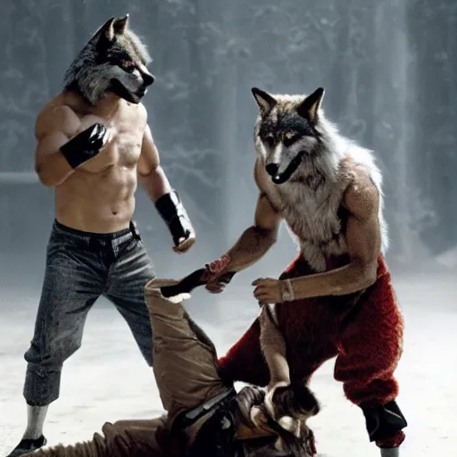 Prompt: a anthro wolf sorcerer fight club movie still