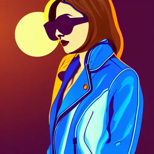 Image similar to a woman with light blue shutter shades in front of a sunset, a dark brown leather jacket, one side brown haircut with blue ends, vector art by jan tengnagel, pixabay contest winner, retrofuturism, retrowave, synthwave, outrun, portrait, synthwave