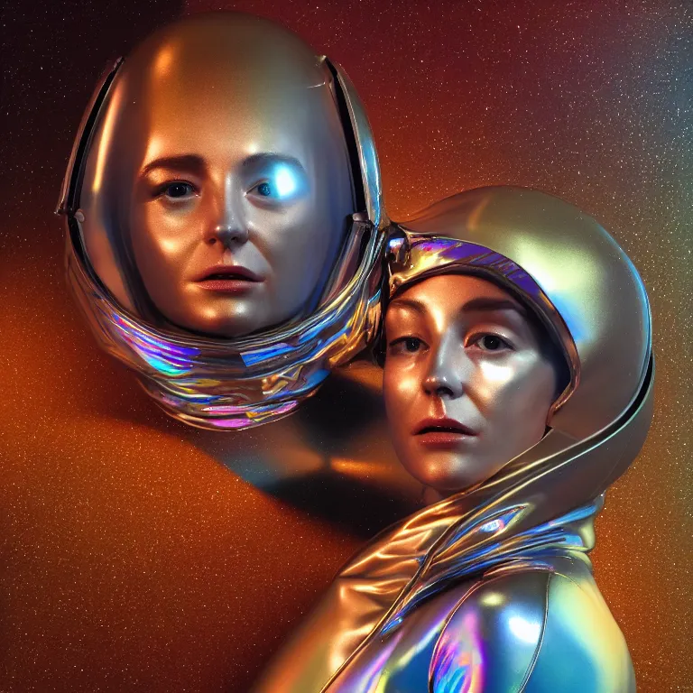 Prompt: octane render portrait by wayne barlow and carlo crivelli and glenn fabry, subject is a woman covered colorful skintight aluminum foil space suit with a iridescent metallic space helmet, inside a dark and moody cinema with projected light, cinema 4 d, ray traced lighting, very short depth of field, bokeh