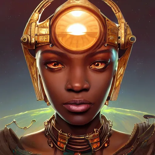 Image similar to african steampunk alchemist, science fiction, highly detailed, digital painting, beautiful eyes, symmetry, concept art, sharp focus, illustration, global illumination, radiant light, detailed and intricate environment, art by artgerm and greg rutkowski and magali villeneuve and ilya kuvshinov!