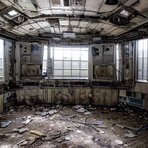 Image similar to the interior of an abandoned space station with windows into space