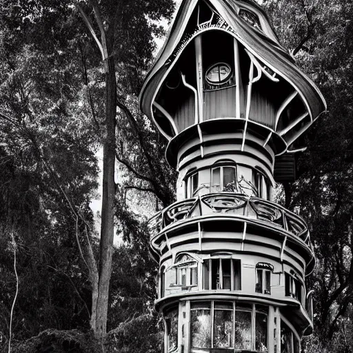 Prompt: architectural photograph of a realistic art nouveau clockwork tree house, dramatic, black and white photograph h 7 6 8