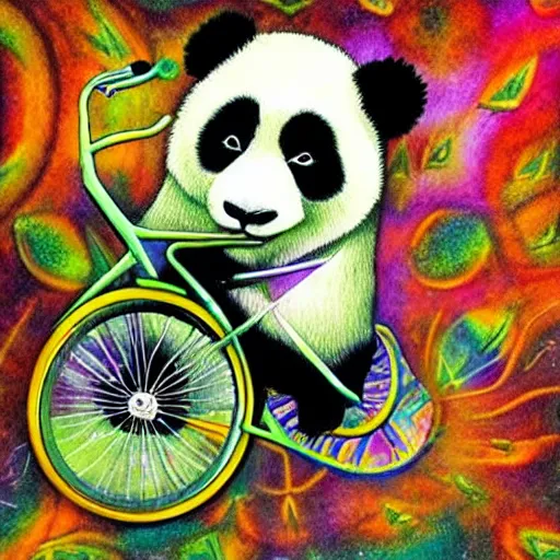 Image similar to “dmt ayahuasca dream of a panda riding an unicycle, psychedelic”