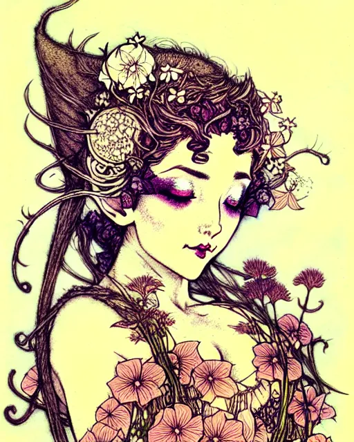 Image similar to burlesque elf, flowers in hair, fantasy character portrait, soft clouds, floral sunset, ultra realistic, concept art, intricate details, art nouveau, japanese woodblock, cinematic, highly detailed by arthur rackham