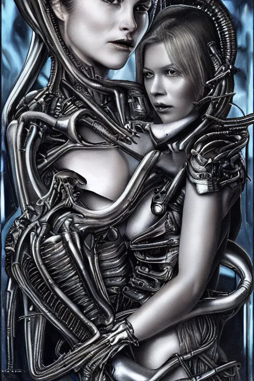 Image similar to beautiful young gillian andersom with alien xenomorph queen by h.r. giger, detailed, proportional, trending on art station, 4k