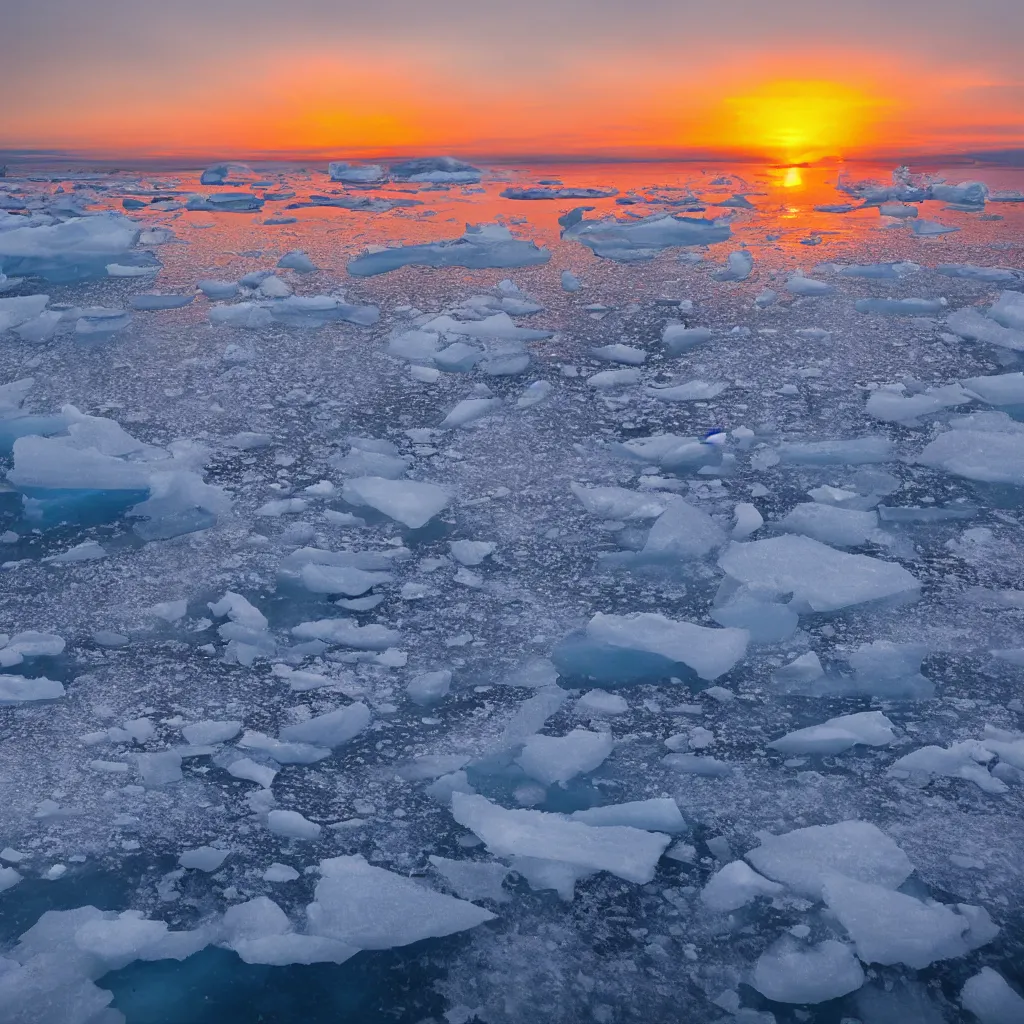 Prompt: arctic sunset ocean with ice in the water