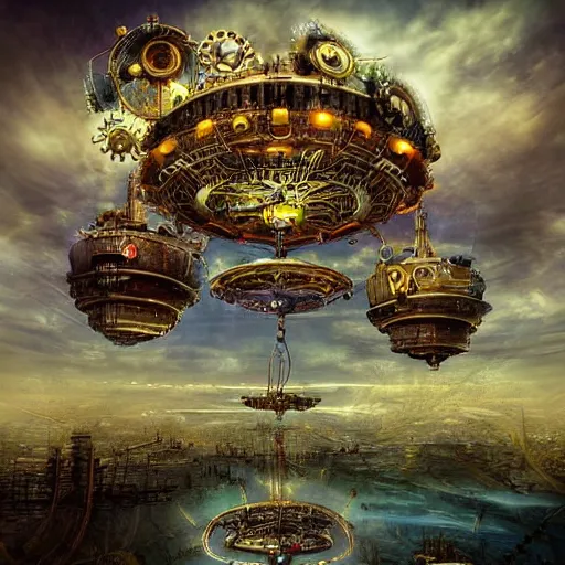 Image similar to flying city in a mechanical flower, sky, fantasy art, steampunk, masterpiece, behrens style