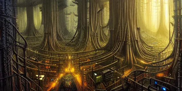 Prompt: painting of redwood forest labyrinth consuming cyberpunk metropolis in the style of steampunk by dan seagrave and tomasz alen kopera