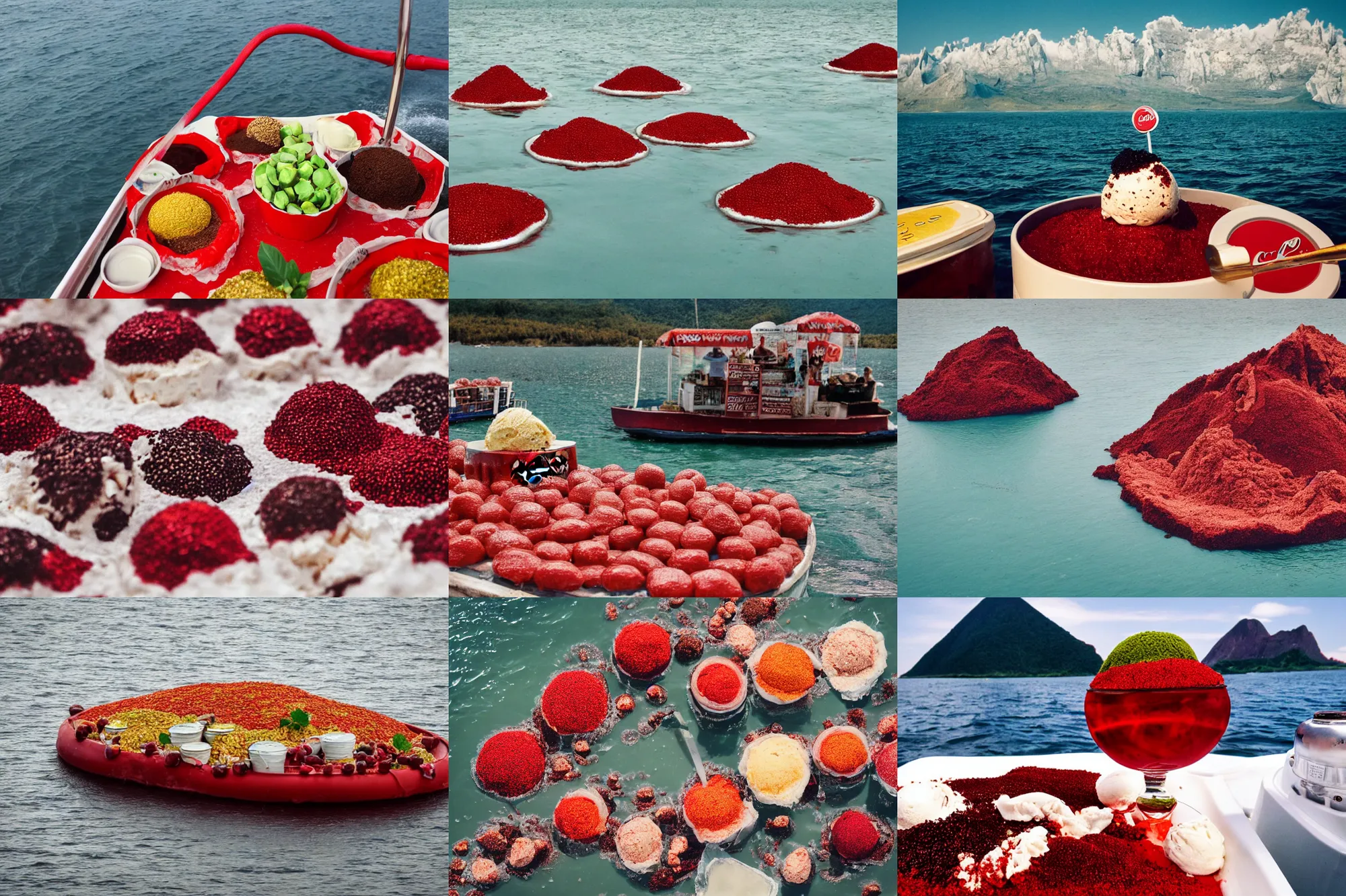 Image similar to an island made of food, around the island instead of water coca - cola ( dark brown ), instead of sand red caviar, instead of mountains ice cream with cherries, photo taken from a boat, 3 5 mm, cinematic