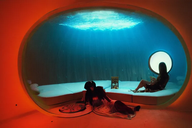 Image similar to high-angle view of a jellyfish human hybrid people wearing discowear sitting inside of an unlit lit 1970s underwater A-frame house with a soviet computer console on the wall, a large circular window in the floor that shows an exterior of a foggy medieval world, ektachrome photograph, volumetric lighting, f8 aperture