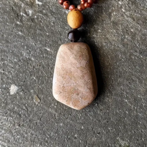 Image similar to beautiful but simple amulet made from equal parts bright sandstone and dark sandstone, representing powerful love