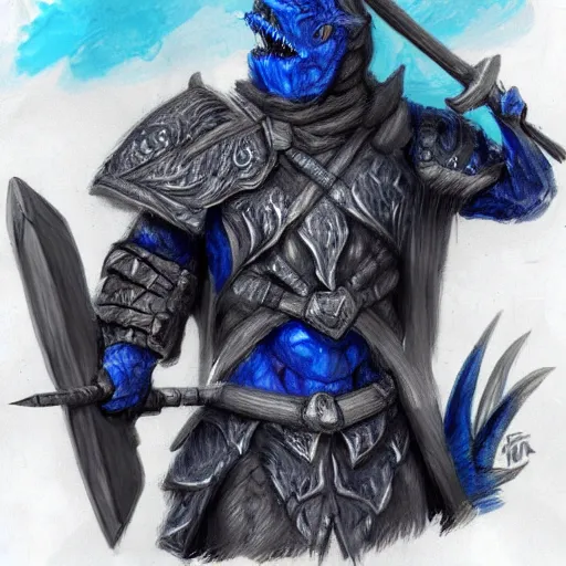 Image similar to fantasy concept art; portrait of a blue dragonborn wielding an axe; barbarian clothing; detailed sketch