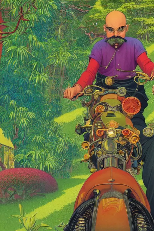 Image similar to a colorful closeup portrait of a handsome young bald man with a very long wild beard and handlebar moustache riding a motorcycle and dreaming psychedelic hallucinations in the overgrown landscape of amazon jungle, by kawase hasui, moebius and edward hopper, colorful flat surreal design, hd, 8 k, artstation