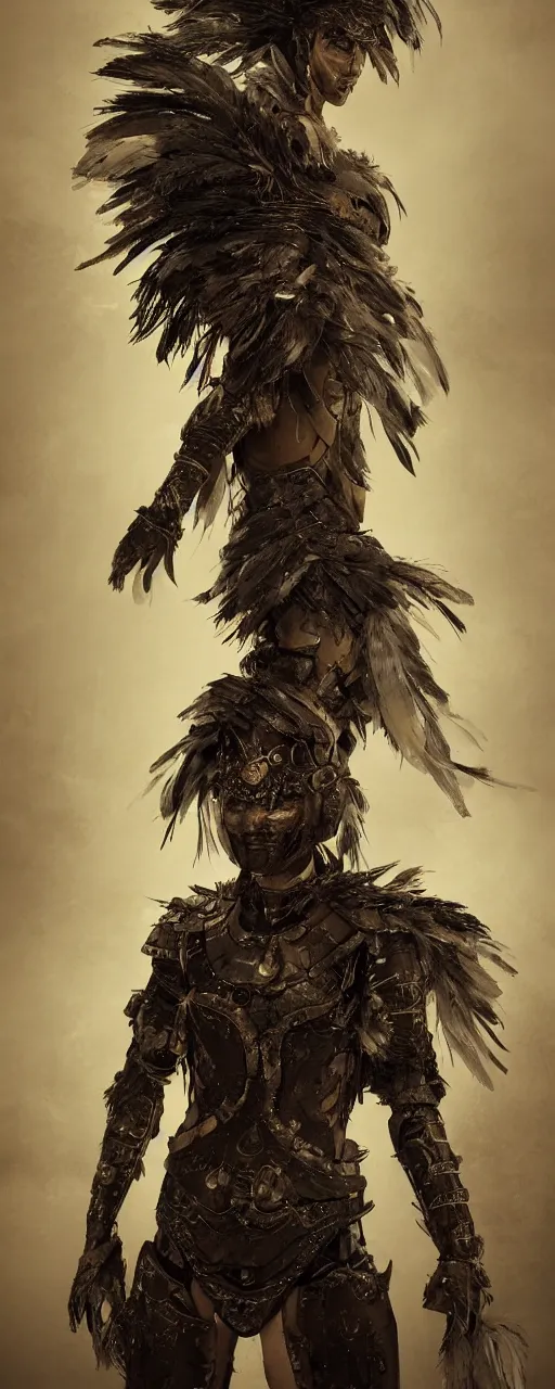 Prompt: a warrior wearing an armor made of feathers, strange energy emitting through body, scars on face, volumetric lighting, scary eyes, digital art,