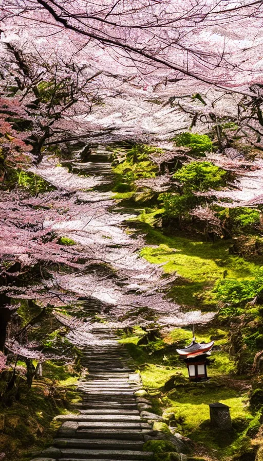 Image similar to a shinto shrine path atop a mountain,spring,cherry trees,beautiful,nature,distant shot,random angle