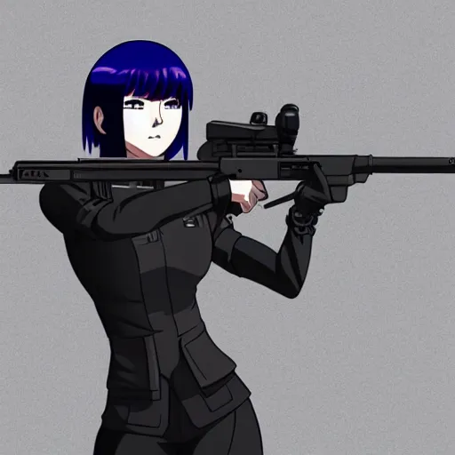 Image similar to Anime Major motoko kusanagi in all black uniform wielding a rifle, digital art