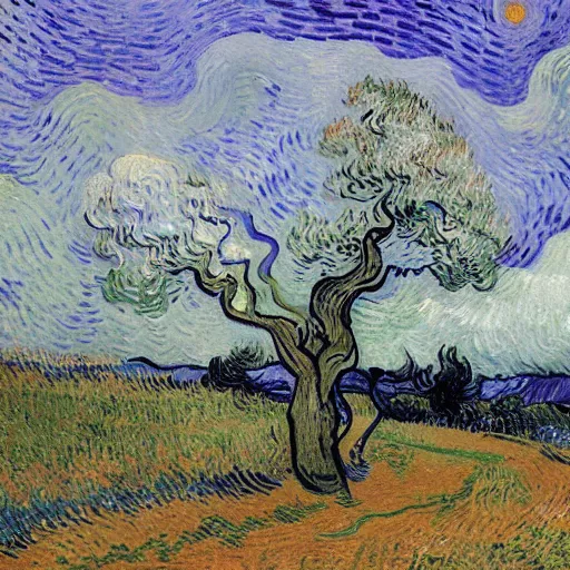 Image similar to This painting has such a feeling of peace and serenity. The tree is so still and calm, despite the wind blowing around it. The moonlight casts a soft glow over everything and the starts seem to be winking at you... by Van Gogh