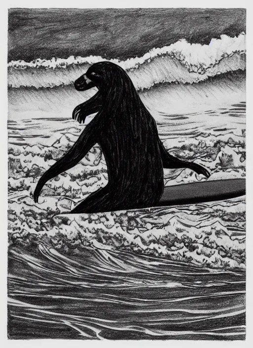 Image similar to black ink drawing of sloth riding surfboard