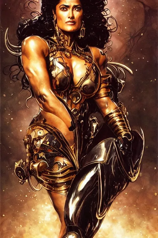 Image similar to muscular beautiful salma hayek wearing gold and black armor tombow artwork greg staples , dug stanat, norman rockwell , christophe young eytan zana , rumiko takahashi