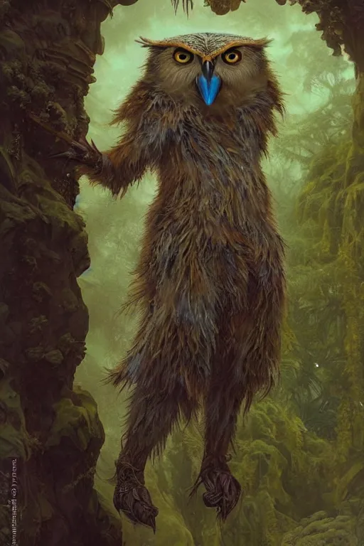 Prompt: a beautiful upper body shot from a fantasy film of a humanoid iridescent green owlbear wearing a loose tunic. an anthropomorphic owlbear. fantasy, frown, intricate, elegant, highly detailed, digital painting, artstation, concept art, matte, sharp focus, illustration, art by artgerm and greg rutkowski and alphonse mucha