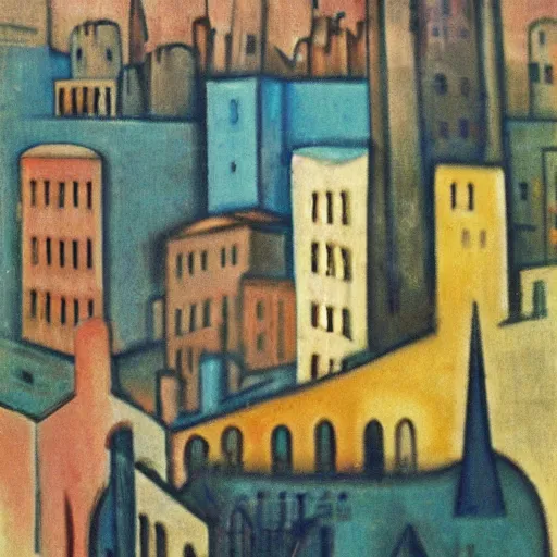 Image similar to by dora carrington defined. photograph. a cityscape. the different colors & shapes represent different parts of the city.