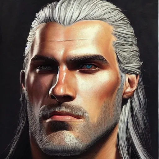 Prompt: A portrait of gigachad Geralt of Rivia, oil painting, post-modern style, stunning