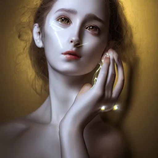 Prompt: beautiful centered fine art photo portrait of elegant beautiful girl as a solarpunk robotic humanoid, white mechanical parts with led lights, bouguereau style pose, photorealistic, white background, highly detailed and intricate, soft box lighting, hdr 8 k