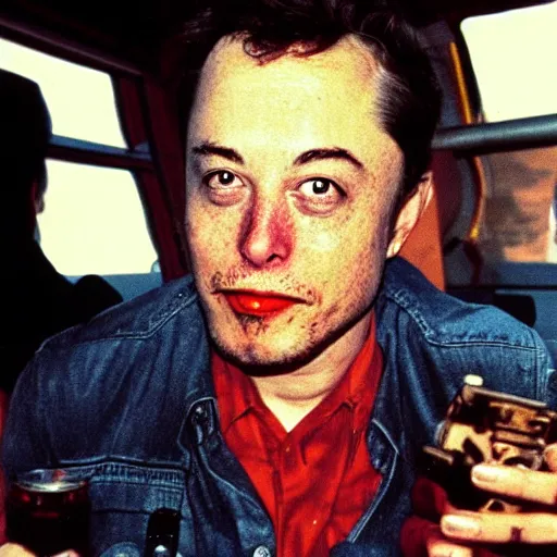 Image similar to gonzo reporter retro photo of drunked elon musk aka bus driver in bus, fear and loathing in las vegas style, by hunter thompson