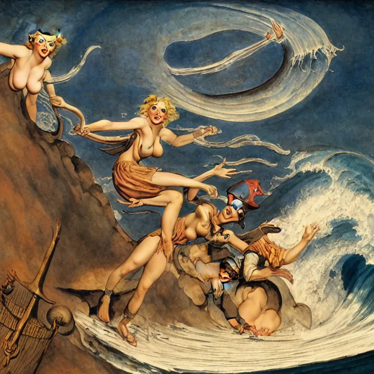 Prompt: a pirate witch summoning a giant wave by william blake and art frahm and earl moran and fritz willis and gil elvgren, detailed, photorealism