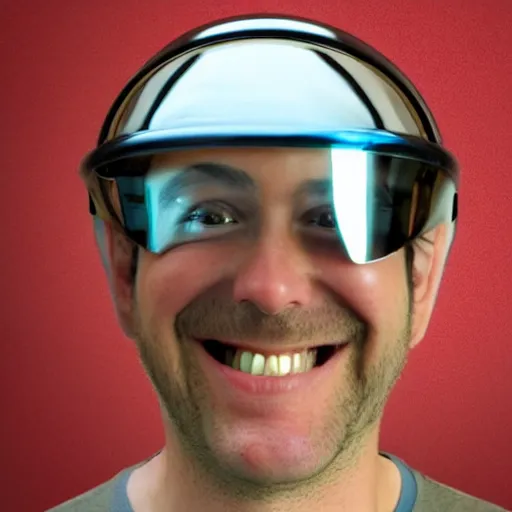 Prompt: a picture of a grinning man with tiny teeth wearing a glass helmet