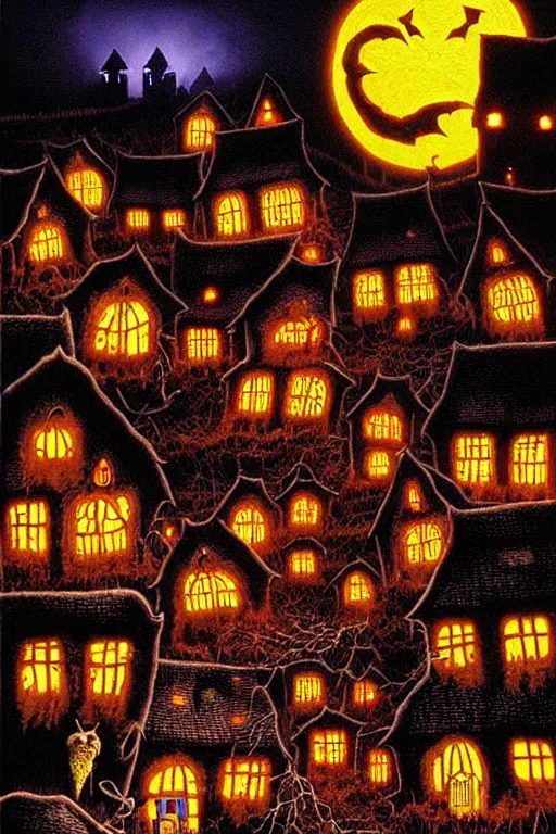 Image similar to a hyperrealistic painting of a haunted autumn night village with halloween decorations invasion, by chris cunningham and richard corben, highly detailed, vivid color,