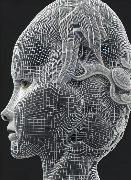 Prompt: complex 3d render ultra detailed of a beautiful porcelain profile woman face, black eyes, mechanical vegetal dragon cyborg, 150 mm, beautiful natural soft light, rim light, silver vanilla details, neural network, synapsis, magnolia big leaves and stems, roots, fine foliage lace, maze like, mesh wire, intricate details, hyperrealistic, ultra detailed, mandelbrot fractal, anatomical, white metal neocubism armor, facial muscles, cable wires, microchip, elegant, octane render, black and white, H.R. Giger style, 8k, trending on Artstation, unreal engine