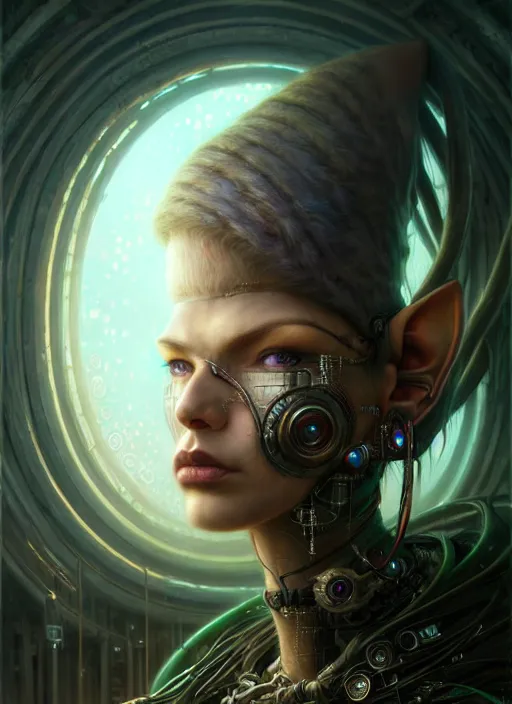 Image similar to portrait shot of a cyberpunk elf in a scenic dystopian environment, intricate, elegant, highly detailed, centered, digital painting, artstation, concept art, smooth, sharp focus, illustration, artgerm, tomasz alen kopera, peter mohrbacher, donato giancola, joseph christian leyendecker, wlop, boris vallejo