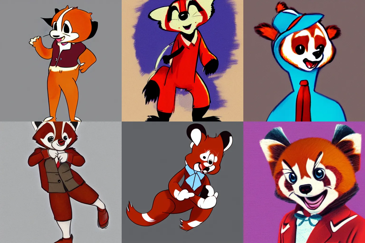 Prompt: Anthropomorphic red panda in 1960 clothes, Disney animation art style sketch