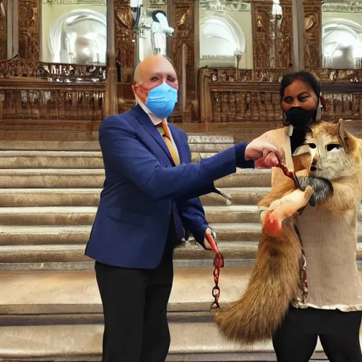 Prompt: photo of a mayor handing the key to the town hall to a giant rat