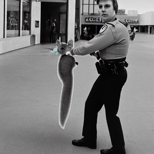 Image similar to tall and fit female anthropomorphic chinchilla mall security guard, cinematic still, daylight, 1980s, hyperrealistic